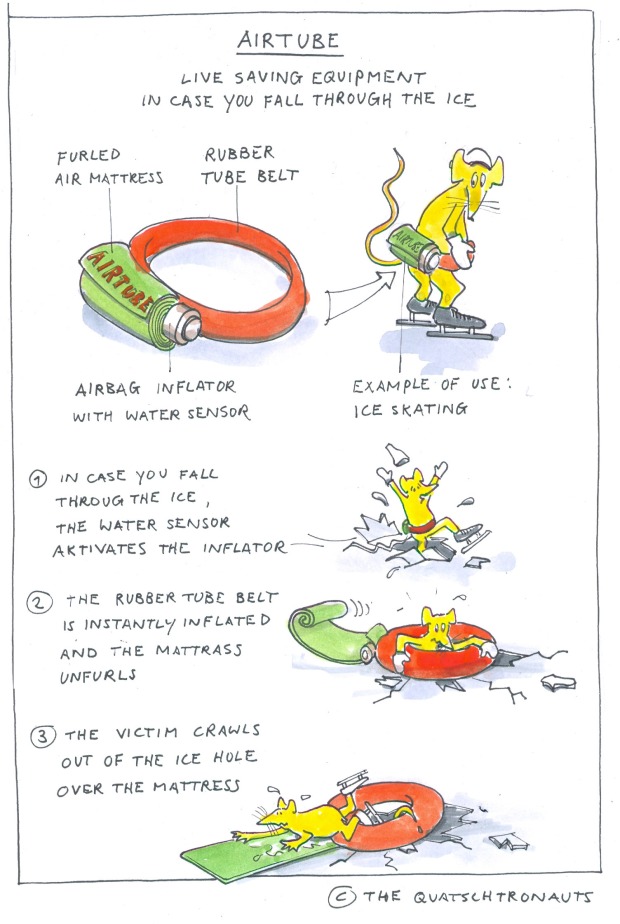Airtube, a live saving equipment in case you fall through the ice. Just like an Airbag, the rubber tube belt is instantly inflated as soon as it contacts water . Cartoon Christian Ridder, Funny, Iceskating